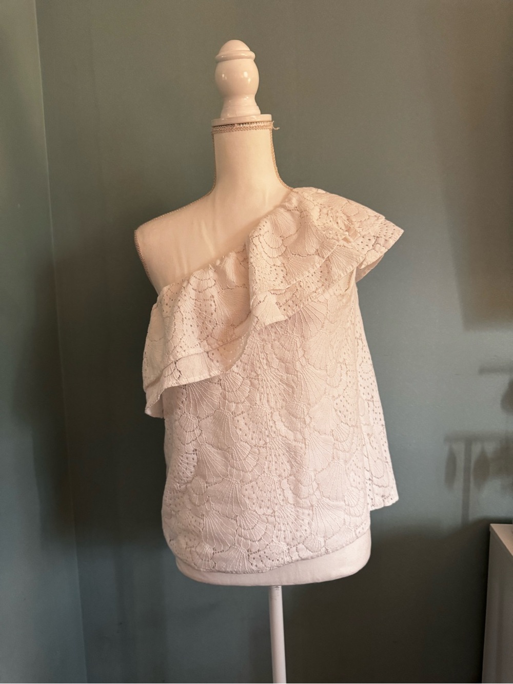 EXPRESS One-Shoulder Eyelet Lace Ruffle Top - White Small